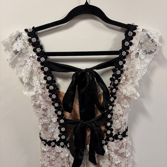 For Love & Lemons Isabel White Midi Dress Black Floral Embroidery, Designer - Picture 7 of 8